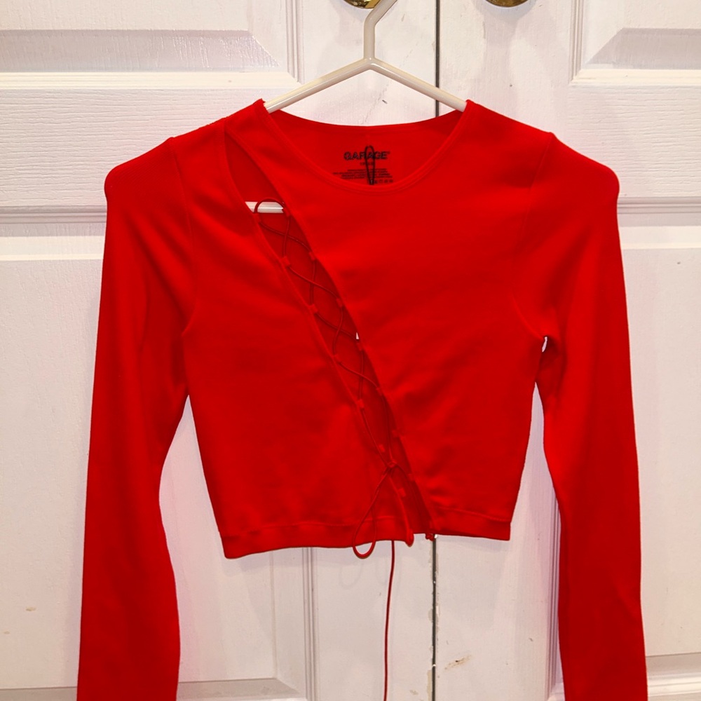 Garage Red Lace-Up Long Sleeve Crop Top